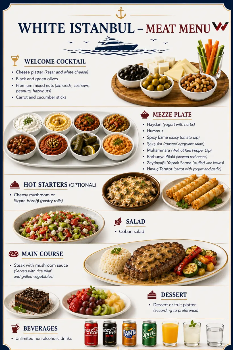 Full Meat Dinner Menu of the White Istanbul yacht