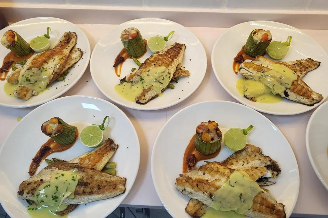 Grilled sea bass plates