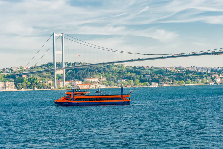 The dinner cruise boat on the Bosphorus near the bridge