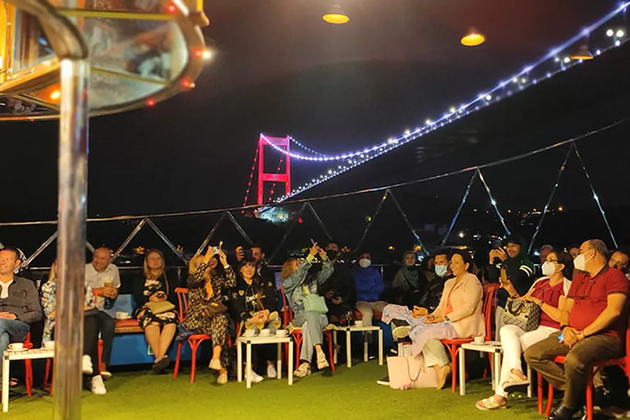Turkish night show on a dinner cruise with the bridge lit up