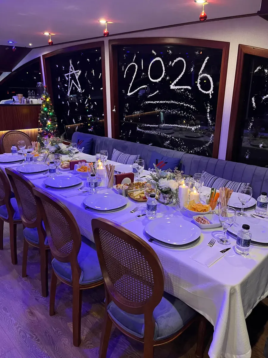 Yacht saloon decorated for New Year