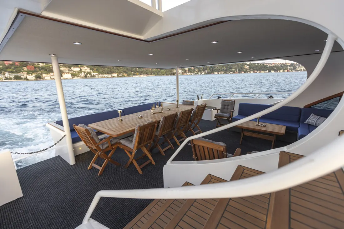 Dining table on the deck of a yacht for lunch