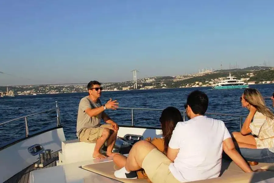 Guests on a yacht at sunset