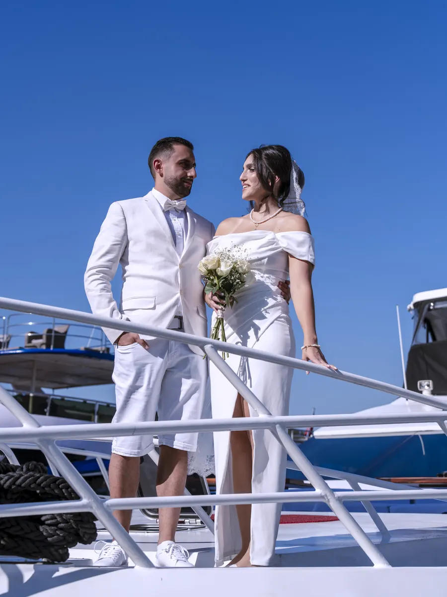 Bride and groom on a yacht in Istanbul
