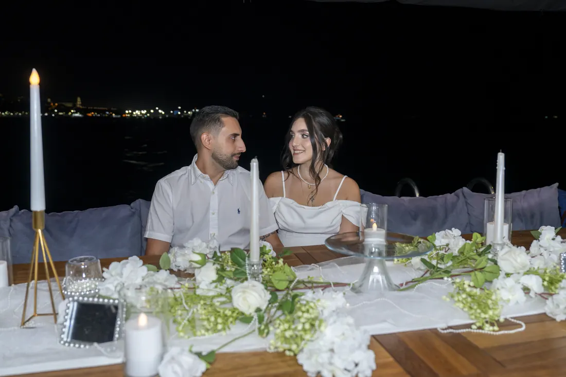Candlelit wedding table on a yacht