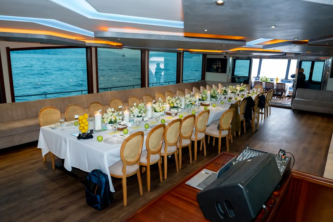 Yacht saloon set for a wedding reception