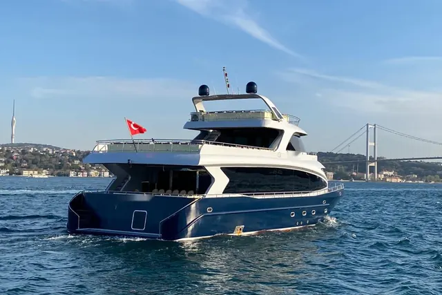 Crescent Star event yacht on the Bosphorus with the bridge behind