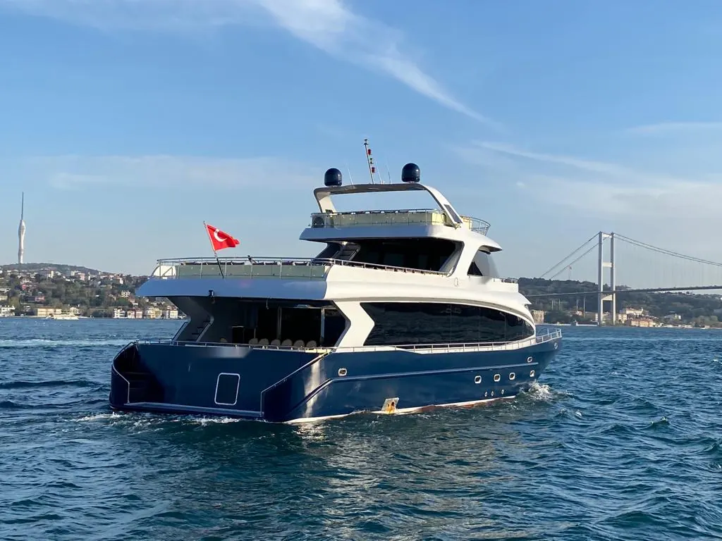 Crescent Star event yacht on the Bosphorus with the bridge behind